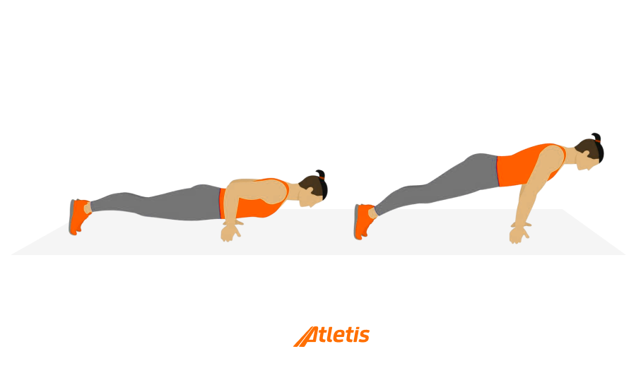 Ilustração de uma mulher demonstrando uma sequência de exercícios de push-up, incluindo a fase inicial com o corpo paralelo ao chão e a fase final com o corpo elevado, para aprimorar força e resistência.