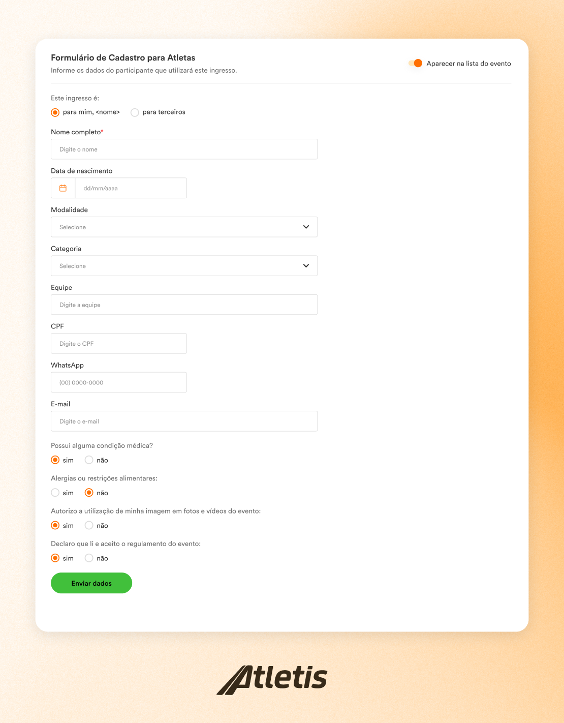 Imagem de formulário de cadastro para atletas com foco na inscrição de participantes, com campos para nome, data de nascimento, modalidade, categoria, equipe, CPF, WhatsApp, e-mail, além de opções de consentimento para uso de imagem e condições médicas.
