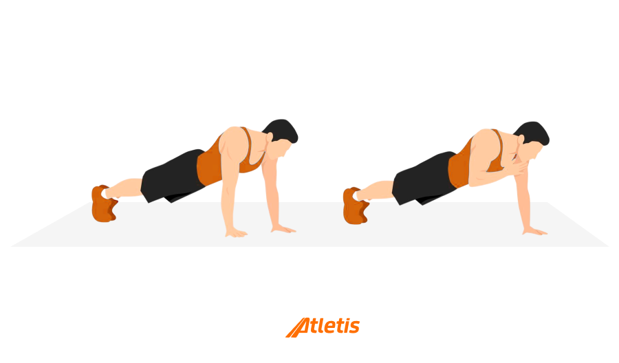 Ilustração de um homem realizando um exercício de flexão de braços em duas fases, destacando a postura correta para fortalecimento muscular, com o logo Atletas ao centro.
