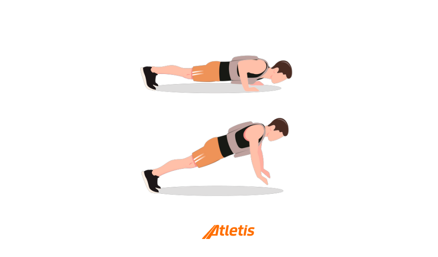 Duas equipas de exercícios físicos demonstrando uma rotina de treinamento de força, incluindo flexões e pranchas, ideal para melhorar força e resistência.