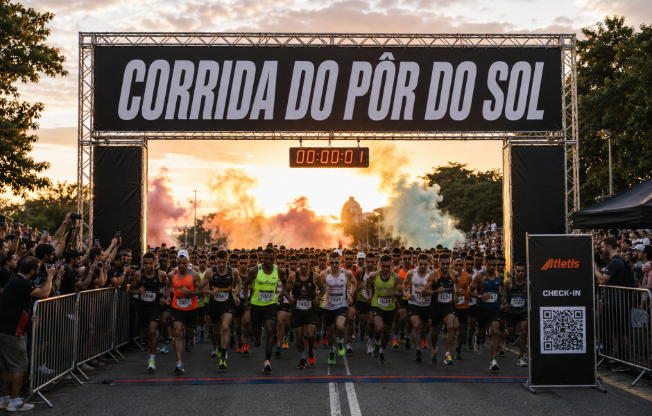 Grande grupo de atletas cruzando a largada da "Corrida do Pôr do Sol" sob um pórtico preto. Um cronômetro digital registra o início da prova em meio a efeitos de fumaça colorida. O público nas laterais fotografa e acompanha o evento esportivo sob a luz do entardecer.