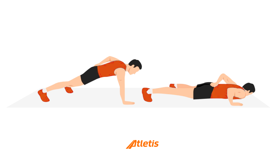 Duas pessoas treinando exercícios de flexão e prancha no chão, demonstrando força e resistência na prática de fitness com o logo Atletis ao centro.