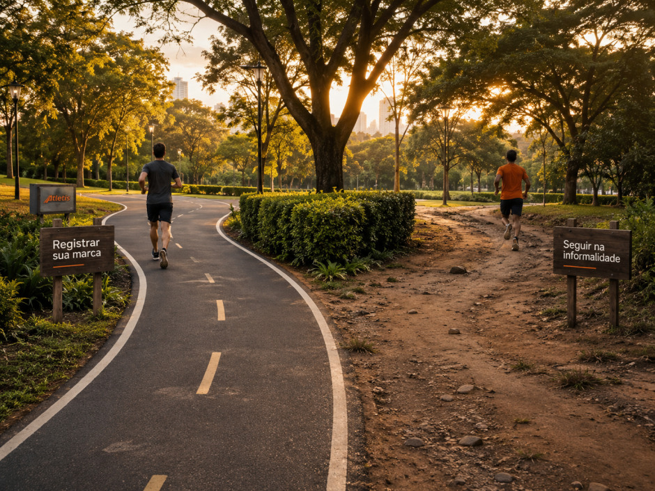 Dois corredores de costas em um parque arborizado seguem por trajetos totalmente diferentes. O caminho asfaltado e plano tem uma placa indicando "Registrar sua marca". O caminho de terra batida e irregular traz uma placa apontando para "Seguir na informalidade".