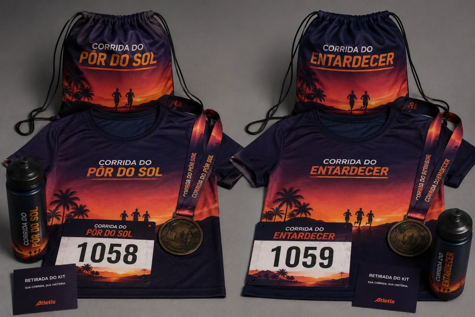 Dois kits de corrida ("Pôr do Sol" e "Entardecer") lado a lado sobre um fundo cinza. Cada kit traz uma estampa de crepúsculo em roxo e laranja com coqueiros e montanhas. Contém camiseta, mochila saco, medalha de metal, garrafa de água e número de peito.