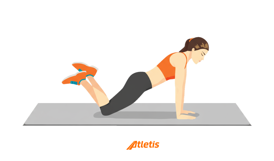 Mulher executando exercício de supino no solo, em uma aula de fitness ou treinamento físico, usando roupas esportivas e apoiada em mãos e joelhos.