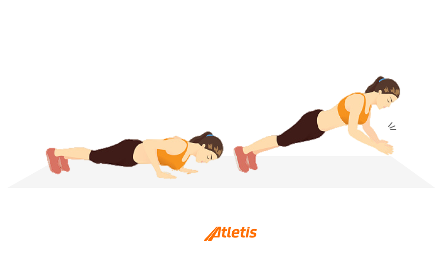 Duas pessoas treinando exercícios de flexão e prancha no chão, demonstrando força e resistência na prática de fitness com o logo Atletis ao centro.