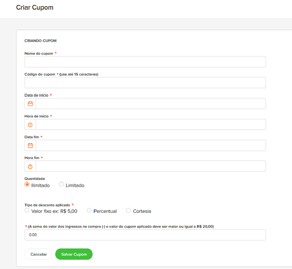 Captura de tela da seção "Criar Cupom", mostrando o formulário "Criando Cupom" com os campos não preenchidos.