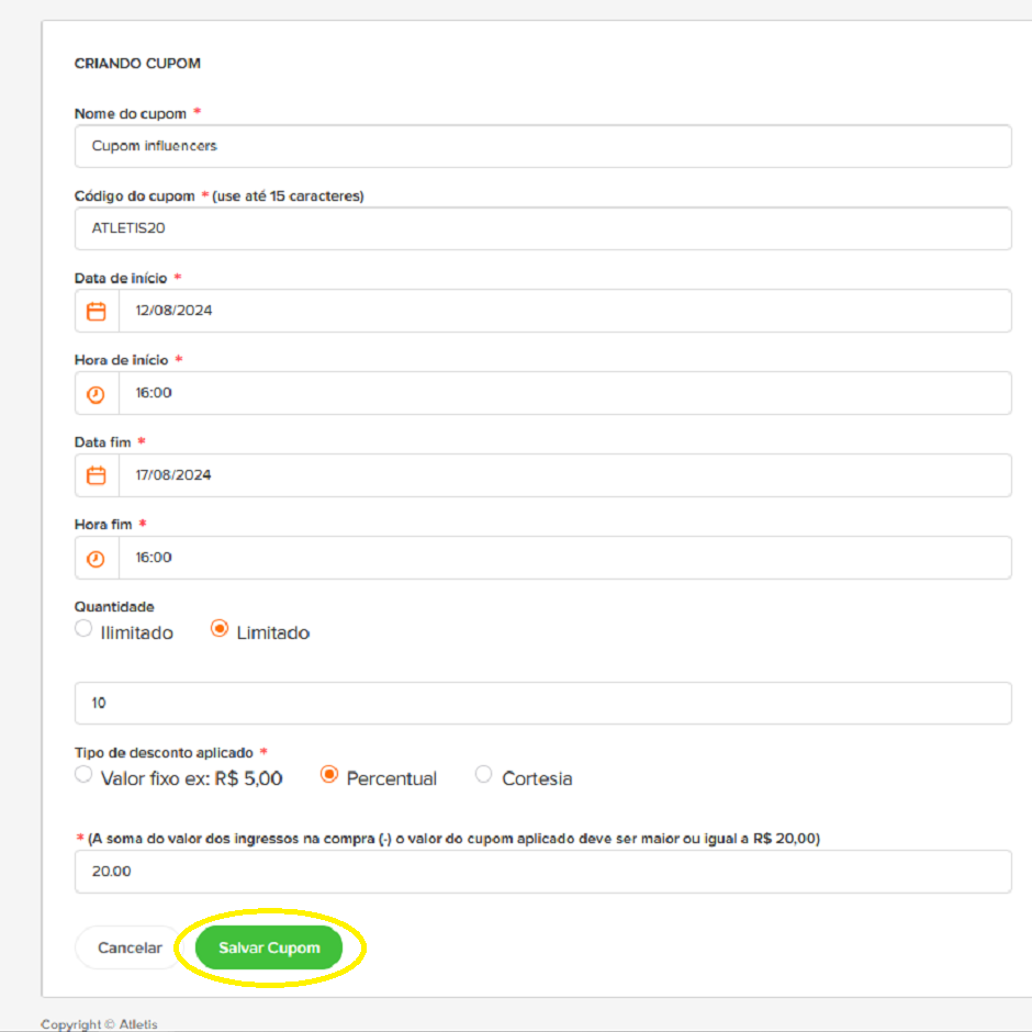Captura de tela do formulário "Criando cupom", com os dados preenchidos e o botão "Salvar Cupom" circulado em destaque.