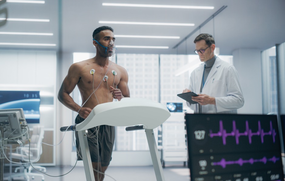 Paciente masculino realizando testes cardíacos com eletrodos no peito sob supervisão de um médico em laboratório de medicina esportiva.