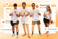 Grupo de atletas comemorando após uma corrida, usando medalhas e camisetas brancas com o logo da Atletis, celebrando suas conquistas e o sucesso na prova.
