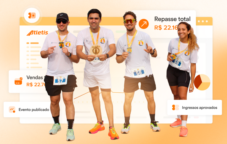 Grupo de atletas comemorando após uma corrida, usando medalhas e camisetas brancas com o logo da Atletis, celebrando suas conquistas e o sucesso na prova.