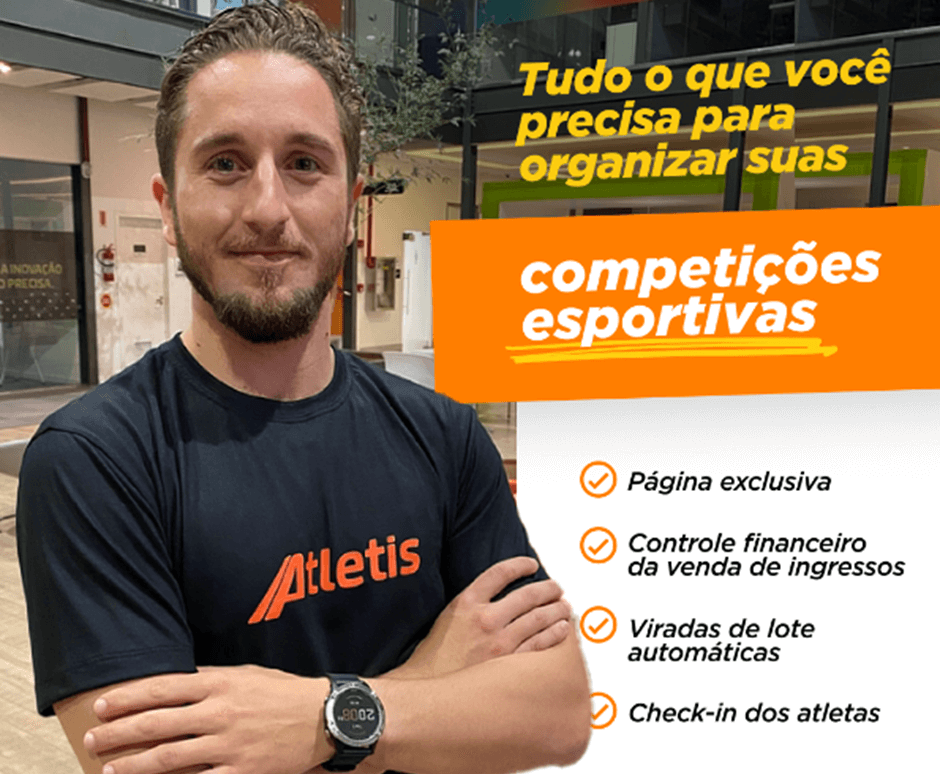 Imagem do Gustavo, CEO da Atletis, ao lado do texto "Tudo o que você precisa saber para organizar suas competições esportivas". Abaixo, há uma caixa de texto laranja e uma lista com itens como "Página exclusiva", "Controle financeiro", "Viradas de lote automáticas", e "Check-in dos atletas", todos com checkboxes marcadas.