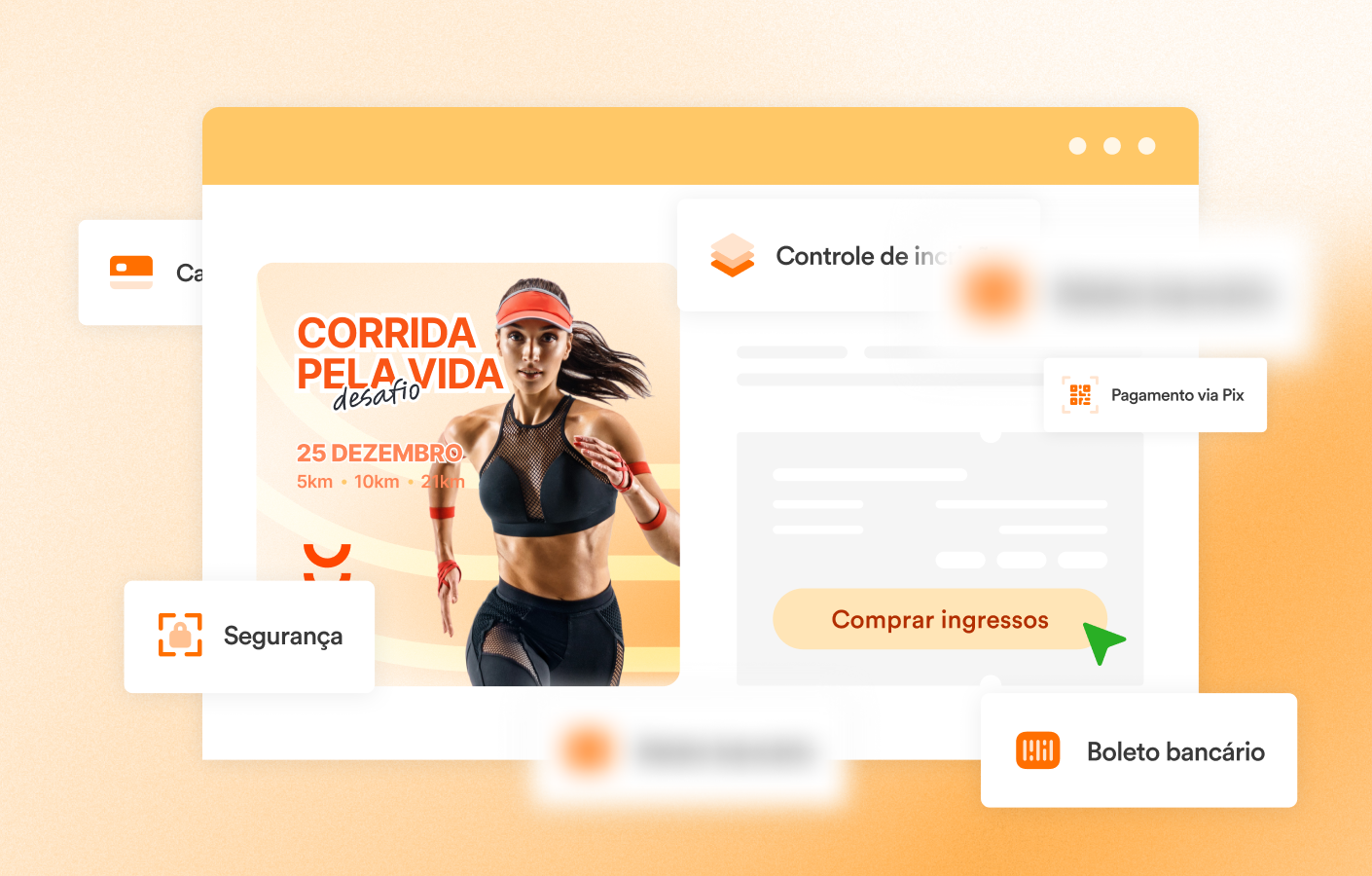 Imagem promovendo corrida pela vida com uma mulher atleta, detalhes de evento e opções de compra de ingressos e pagamento online.