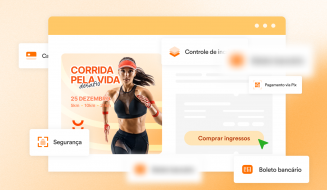 Imagem promovendo corrida pela vida com uma mulher atleta, detalhes de evento e opções de compra de ingressos e pagamento online.