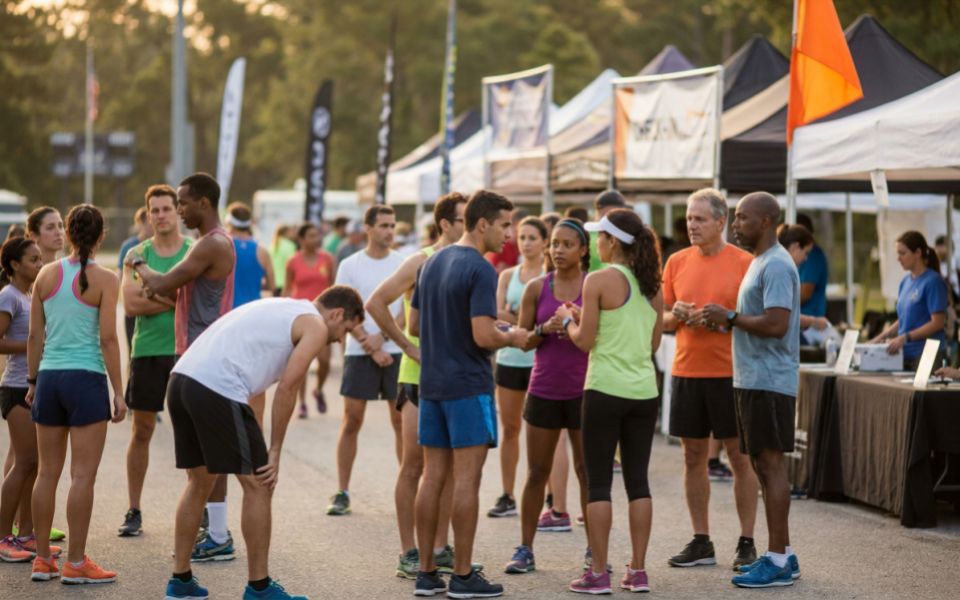 Participantes e corredores reunidos na área de inscrição e retirada de kits de um evento esportivo ao ar livre com tendas ao fundo