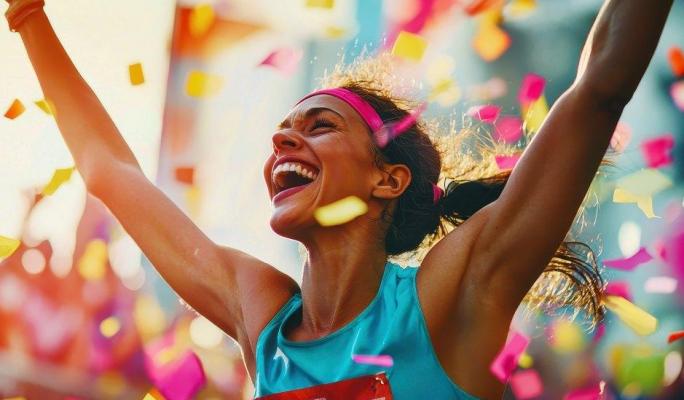 Uma corredora sorridente celebra com os braços erguidos sob uma chuva de confetes coloridos durante um evento esportivo de Carnaval. Ela veste uma regata esportiva azul, faixa rosa na cabeça e um número de peito, transmitindo uma sensação de alegria e vitória.
