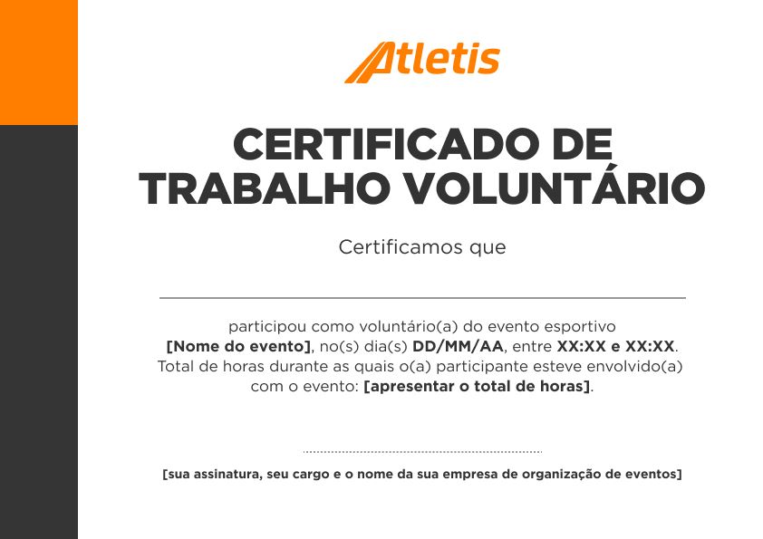 Modelo de certificado para voluntários em eventos esportivos