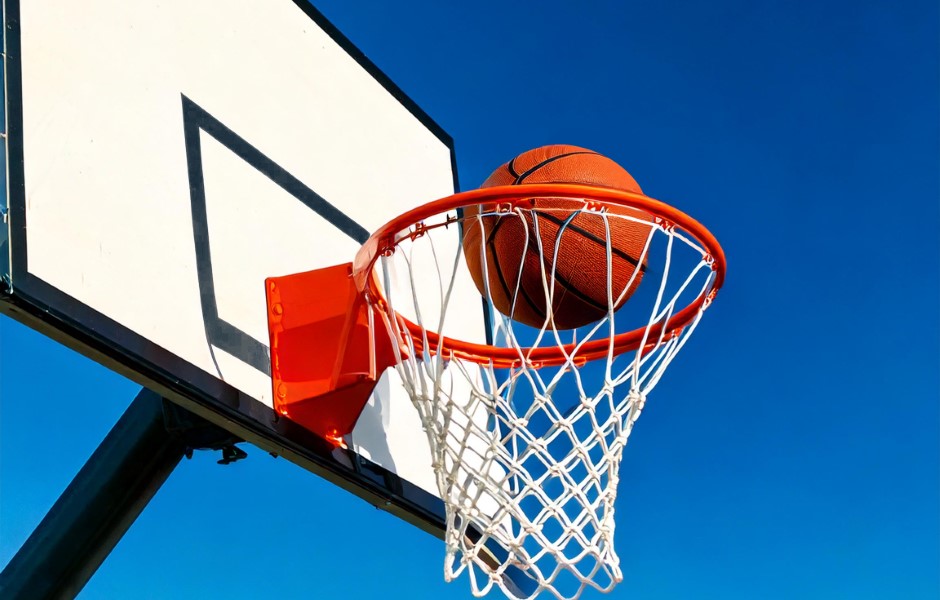 Imagem de uma cesta de basquete montada em um poste, com um aro laranja e uma rede branca. A bola de basquete está entrando para dentro da rede.