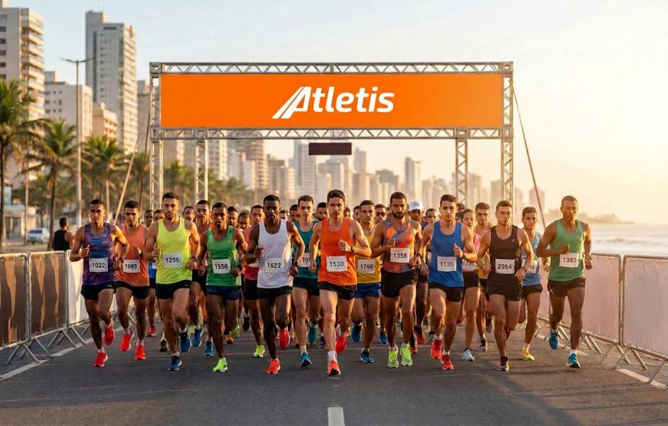 Dezenas de corredores de maratona avançam juntos por uma avenida litorânea no início de uma prova, passando sob um grande pórtico metálico com a marca 