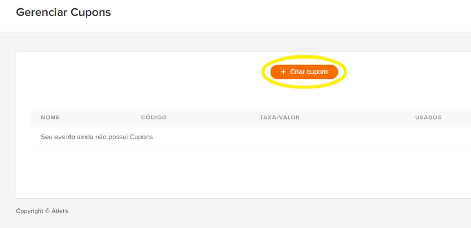 Captura de tela da seção "Gerenciar cupons", com o botão "Criar cupons" circulado em destaque.