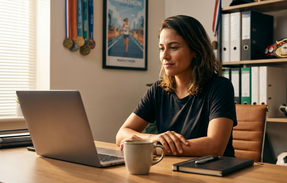 Organizadora de eventos esportivos trabalhando no notebook em seu escritório enquanto analisa critérios para escolher uma plataforma de inscrições online.