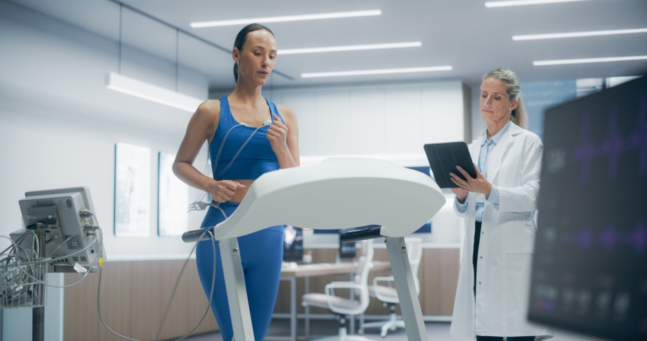 Paciente realizando testes de esforço cardiovascular na clínica sob supervisão de uma médica, focada na saúde do coração.
