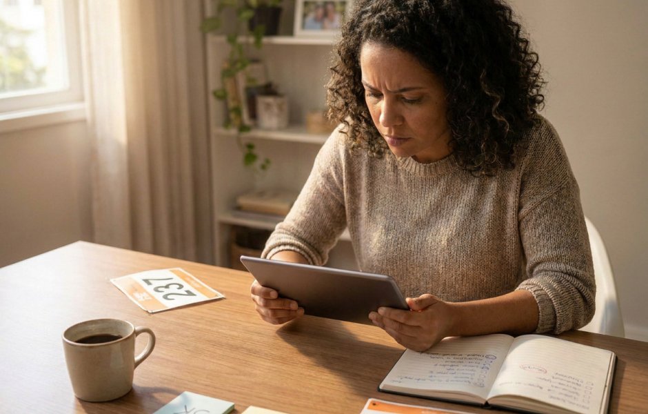 Mulher concentrada e com expressão preocupada olhando para a tela de um tablet enquanto organiza finanças ou estuda em uma mesa de madeira em casa.