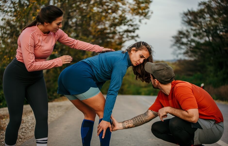 Uma mulher e um homem ajudam uma atleta machucada durante um evento esportivo.